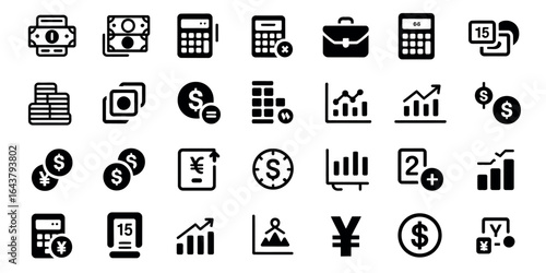 Financial Icon Set with Money Calculator and Charts Representing Business and Investment Opportunities