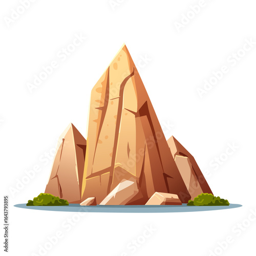 Cartoon illustration featuring a mountain scene with rocks, water and greenery, ideal for use as background or design element.
