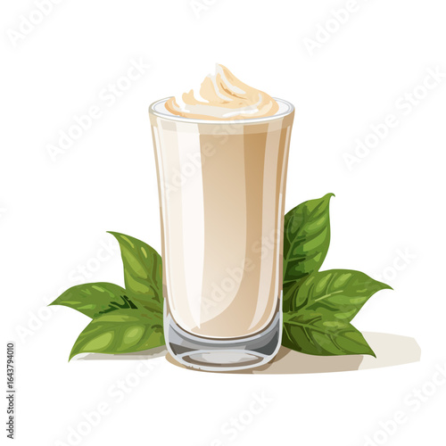 Creamy drink in tall glass with swirls and green leaves on black background. Delicious dessert for cafe menu food design.