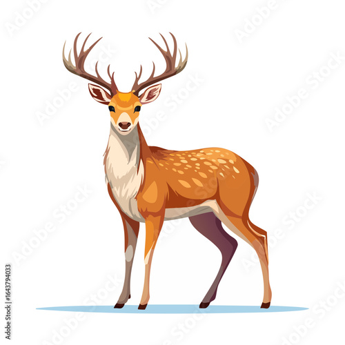 Illustrated deer standing in alert pose with large antlers and spotted fur pattern
