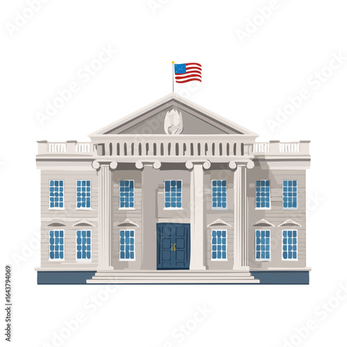 Government building illustration with American flag flying from the roof. Law, politics, and democracy themes.