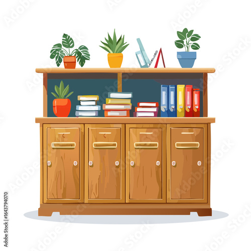 Stylish wooden cabinet illustration with houseplants books and office supplies atop for home office or study ambiance