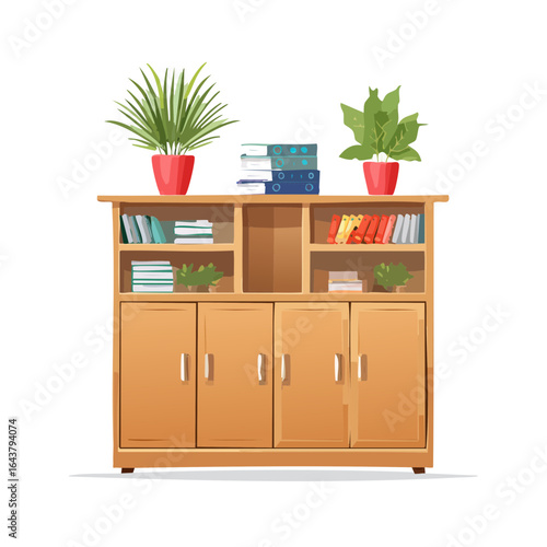 Cartoon bookcase filled with books documents and plants home office interior