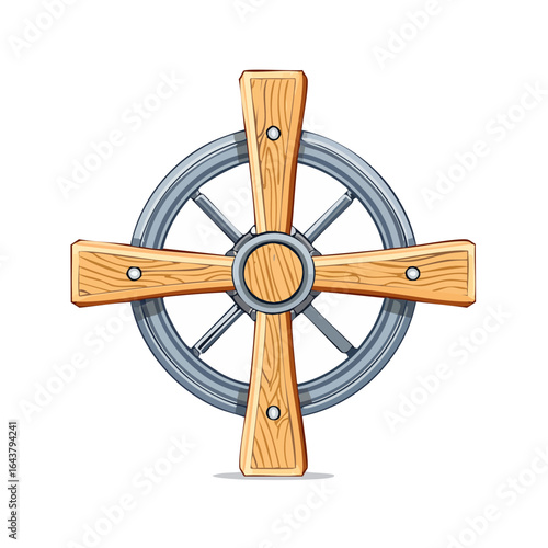 Cartoon wooden cross with wheel detail fantasy concept design isolated object art symbol retro vintage medieval graphic element
