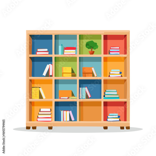 Cartoon bookcase with books and plant in colorful modern flat vector design