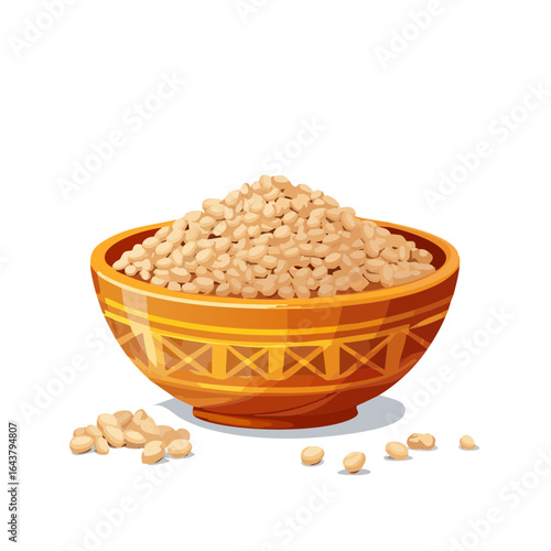 Bowl of cooked pearl barley grains, healthy carbohydrate food illustration.