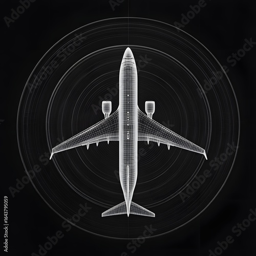 white transparent 3d model of a passenger jet aircraft over concentric circles