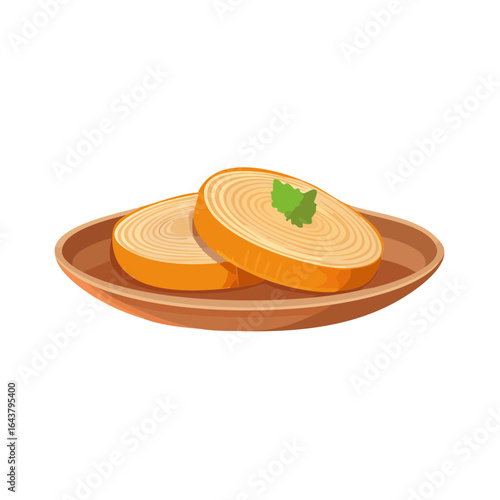 Illustration of braised lotus root appetizer on a wooden plate for healthy eating