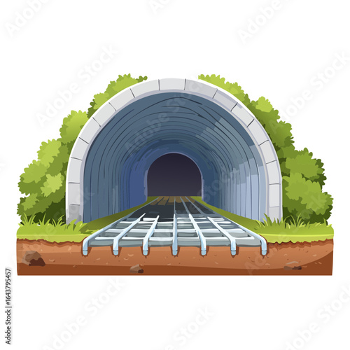 Cartoon tunnel entrance with grate and green foliage vector illustration