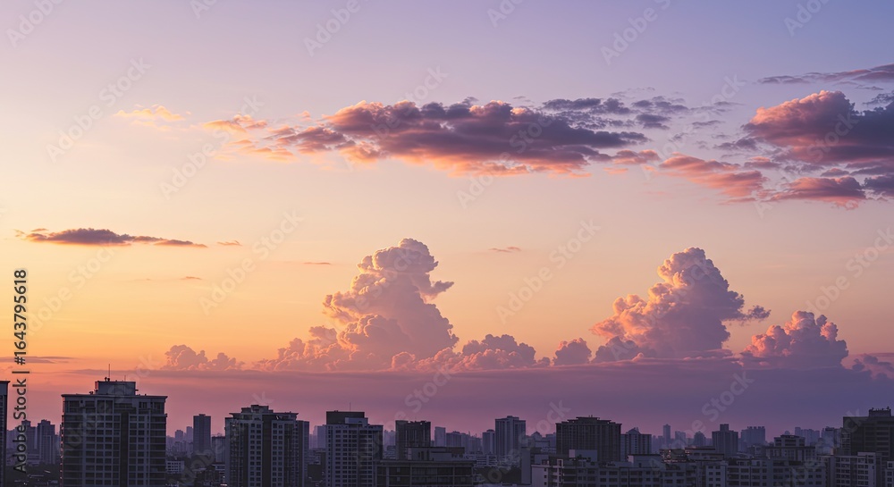 Fototapeta premium Majestic Cumulus Clouds Illuminated by Golden Hour Sunset Over City Skyline