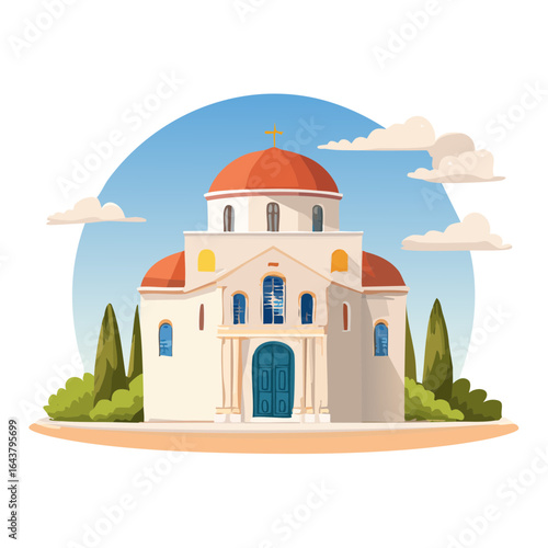 Greek Orthodox church illustration with dome and blue sky Architecture landmark