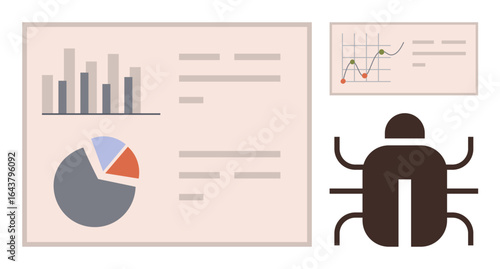 Bar and pie charts with data in a report layout, graph analytics, and debugging symbol beside structured data. Ideal for research, statistics, technology, software debugging, big data, visualization