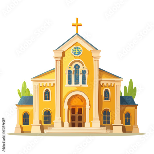Cartoon church vector illustration featuring religious architecture exterior with cross and stained glass windows. Perfect for faith based designs