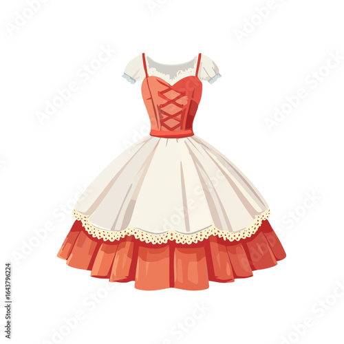 Cartoon woman's dress with lace bodice and white apron, frilly, fairytale-style