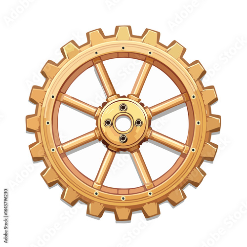 Illustration of a wooden cogwheel with spokes on a black background, cartoon style