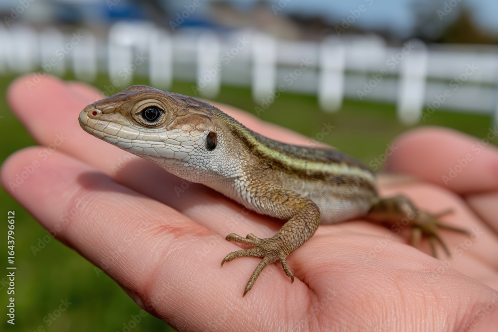 Naklejka premium Pet lizard rests calmly on child’s hand with soft grass background