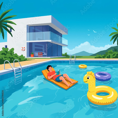 Man relaxing on inflatable mattress in pool sunny day modern villa tropical vacation high quality professional