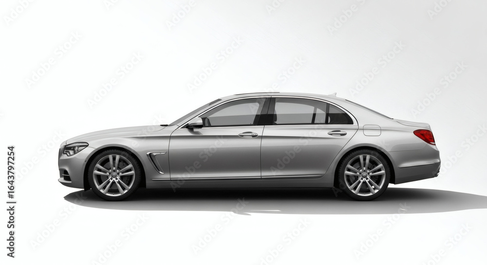 Obraz premium Sleek Silver Metallic Luxury Sedan Automobile Transportation Object on White