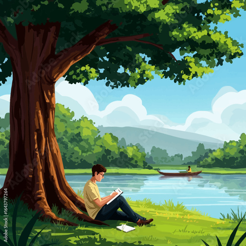 Man reading book serene digital painting under large tree by lake peaceful nature scene contemplative solitude