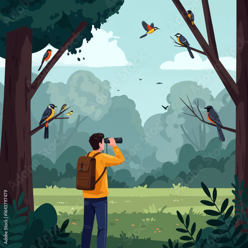 A man with a backpack observes colorful birds in a forest using binoculars, surrounded by trees and lush greenery under a cloudy sky.