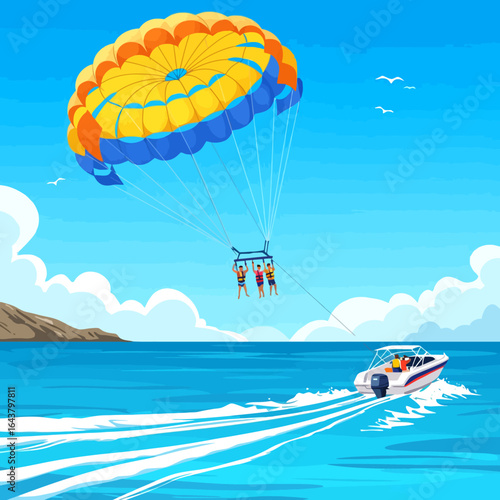 Illustration of people parasailing over the ocean, pulled by a speedboat on a sunny day with clouds.