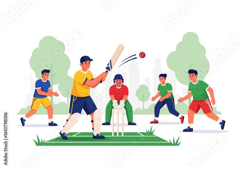 People playing cricket in a park setting, suitable for sports and recreational promotions, advertising, websites, and editorial content.