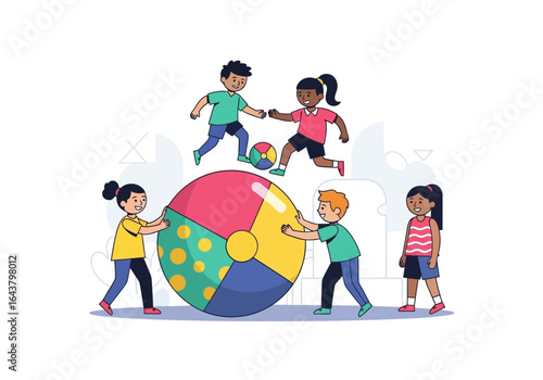 Children having fun around a giant beach ball, displaying joy and togetherness. Suitable for summer, childhood, playtime, and happiness themes.