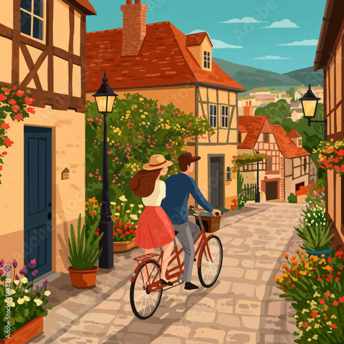 Couple riding bicycle Impressionistic style Quaint european village cobblestone street Romantic getaway