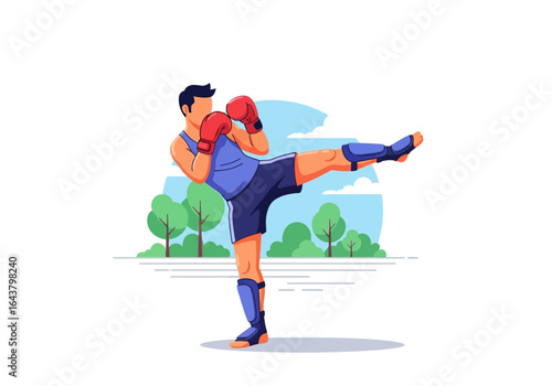 Kickboxer displays high kick in red gloves in a park. Perfect for martial arts training, fitness, sports, and kickboxing enthusiasts.