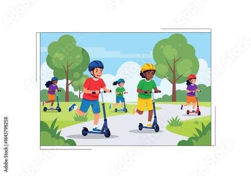 Children in helmets ride scooters on a park pathway, perfect for promoting outdoor activities, safety, childhood fun, and recreational sports.