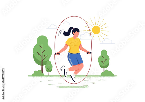 Woman jumping rope in a sunny park suitable for health, fitness, outdoor activities, exercise, lifestyle, park scenes.