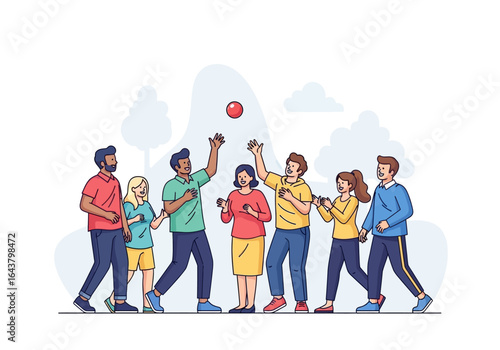 Friends play catch with red ball in park. Ideal for recreational activities, friendship, outdoor games, leisure, happiness, and teamwork concepts.