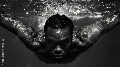 Muscular Man Underwater Black And White Dramatic Swimming Portrait