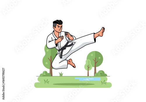 Karate fighter performing aerial kick outdoors. Martial arts training, selfdefense courses, active lifestyle promotion, fitness and sportsrelated designs.