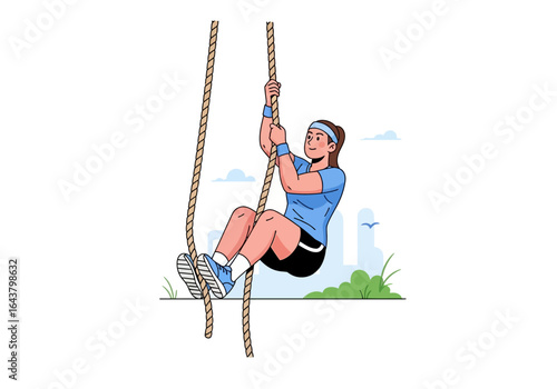 Woman rope climbing at the park, outdoor workout, fitness, healthy lifestyle, exercise, strength training, active woman, park fitness class.