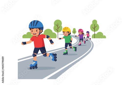 Five people inline skating outdoors on treelined path suitable for promoting healthy lifestyle, outdoor activities, sports, and leisure concepts.