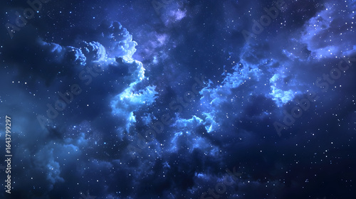 A mesmerizing view of deep space, filled with glowing cosmic clouds and countless stars. Rich hues of blue and purple dominate the scene, illuminated nebulae add depth and a sense of galactic scene.