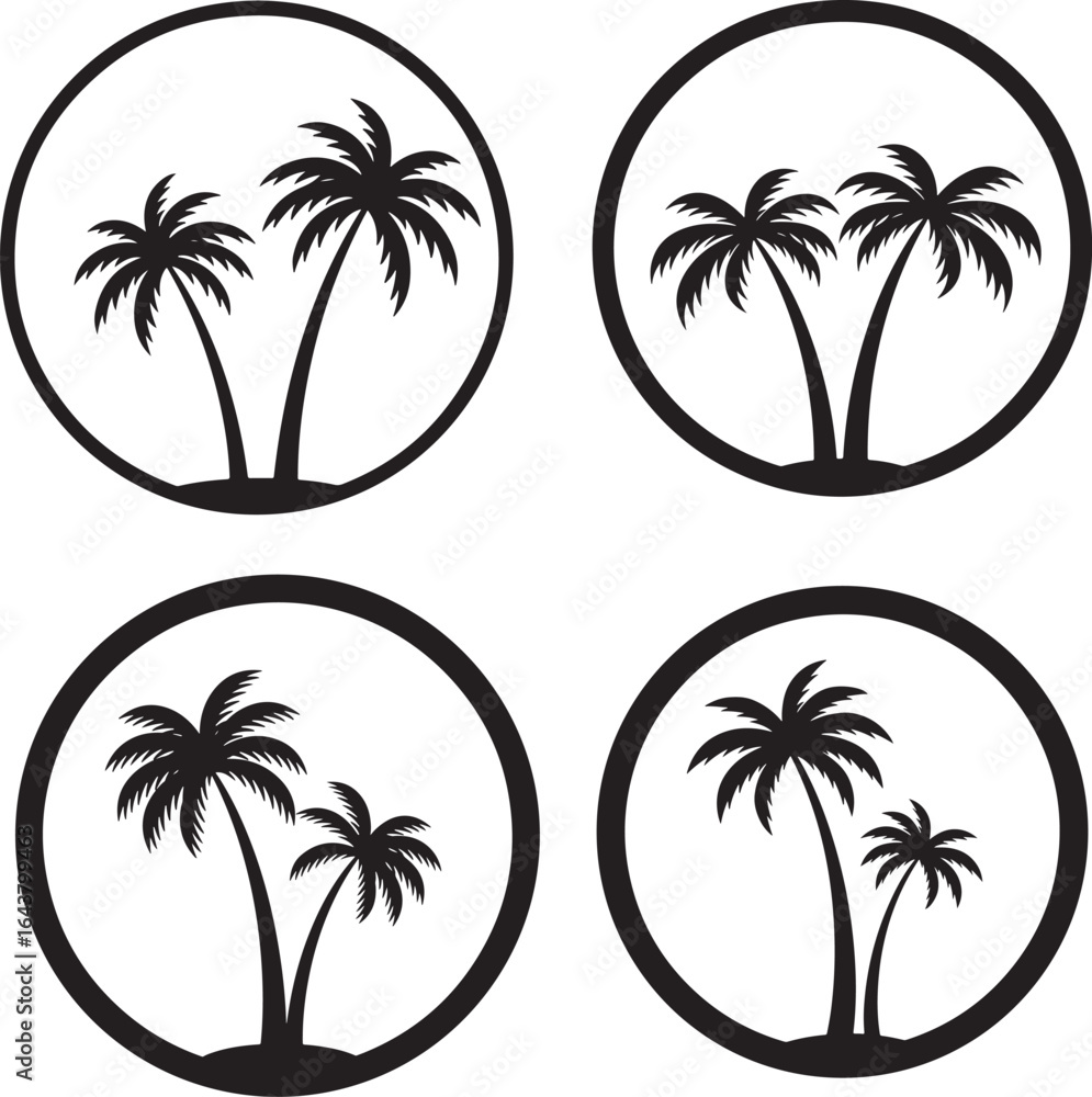 Fototapeta premium Four circular palm tree silhouettes tropical beach scene
