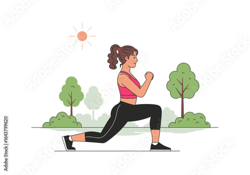 Woman exercises by lunging outside among trees and sun. Suitable for fitness and wellness content, outdoor activities, or healthy lifestyle concepts.