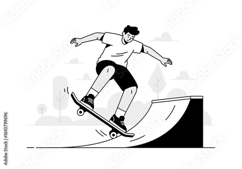 Skateboarder performing trick on ramp in dynamic black and white illustration perfect for skateboard culture publications and apparel designs.