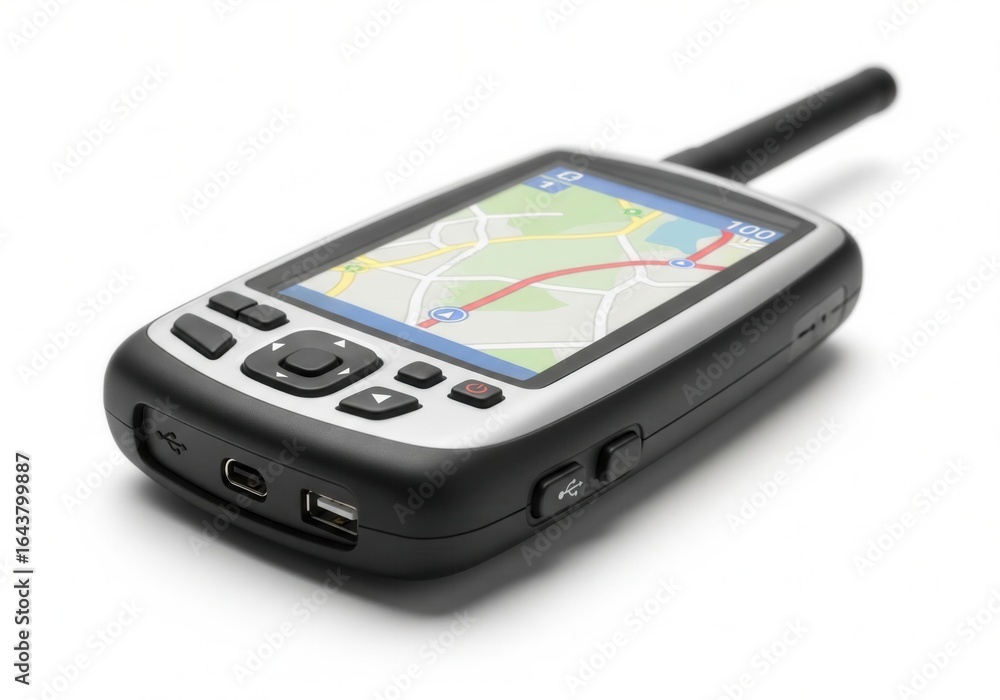 A rugged handheld GPS device with a map displayed on its screen, perfect for navigation and outdoor exploration. Isolated white background. GPS, Navigation, Outdoor, Technology.