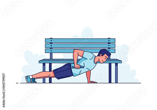Man doing pushups on bench with dumbbell outdoors. Fitness, exercise, workout, strength training, healthy lifestyle concepts. Suitable for fitness blogs and social media posts.