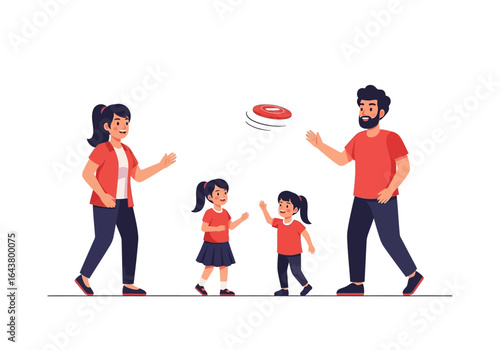 Family enjoying outdoor activities, throwing and catching a red flying disc together. Perfect for promoting family fun, recreation, and bonding.