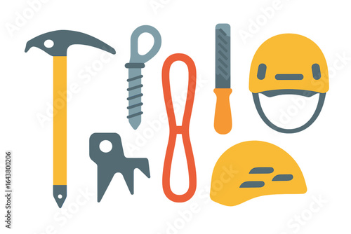 Climbing gear assortment featuring helmets, screws, carabiners, and ice axes for outdoor adventures