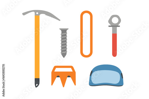 Essential climbing gear including tools and safety equipment for outdoor adventures