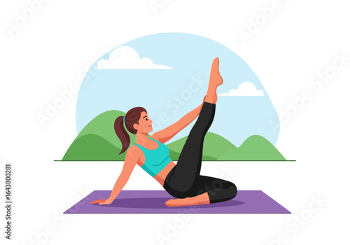 Woman performs yoga leg raises outdoors with a mountain backdrop. Ideal for wellness, fitness, exercise, mindfulness, nature, yoga themes.