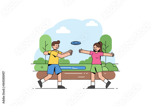 Boy and girl enjoy frisbee game outdoors. Cartoon park setting. Perfect for childrens books, summer content, games, and outdoor activities.