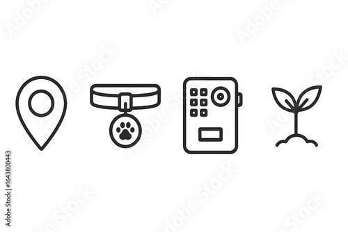 Creative icons representing location, pet identification, data storage, and growth in a minimalist design for modern applications