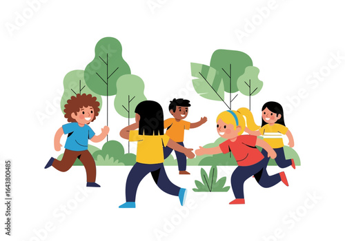 Five children play tag amid trees, exuding pure joy in a park setting. Suitable for advertisements, educational materials, book covers, and website designs.