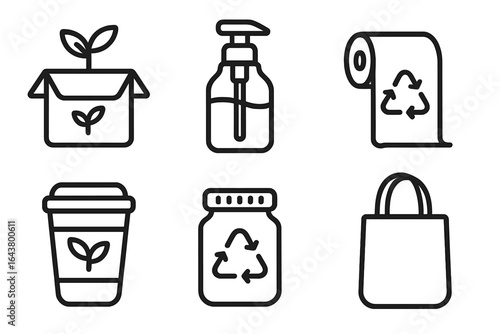 Icons representing eco-friendly products and sustainability practices for environmental awareness and conscious living choices